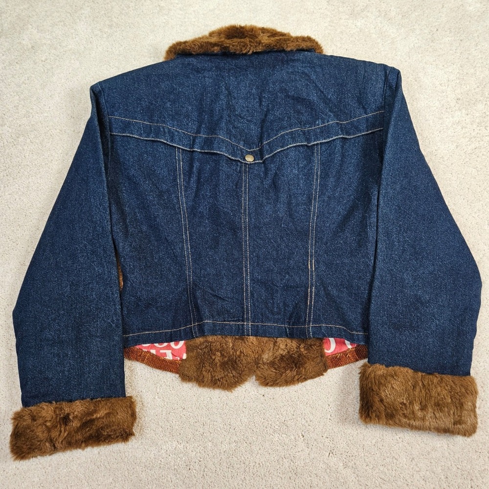 Y2K Enrico Coveri Women's Faux Fur Denim Indie Jacket M Cropped 2000's Statement - Picture 8 of 9